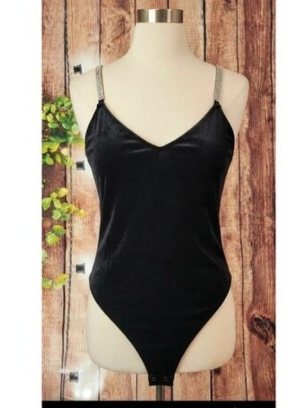 Forever21 Black Velour rhinestone bodysuit